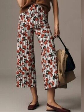 Anthropologie Maeve Colette Wide Leg Crop Pants Provence Floral Red Stripe 34
